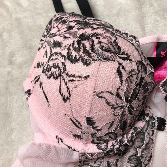 La Senza Light Pink Mesh & Black Lace Sheer Baby Doll Size Medium - Picture 5 of 10